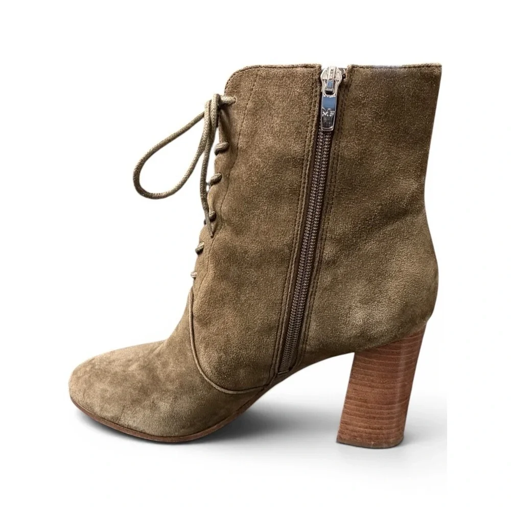 Marc Fisher‎ Ankle Boots Womens 10 Olive Green Suede Lace Up Side Zip Block Heel